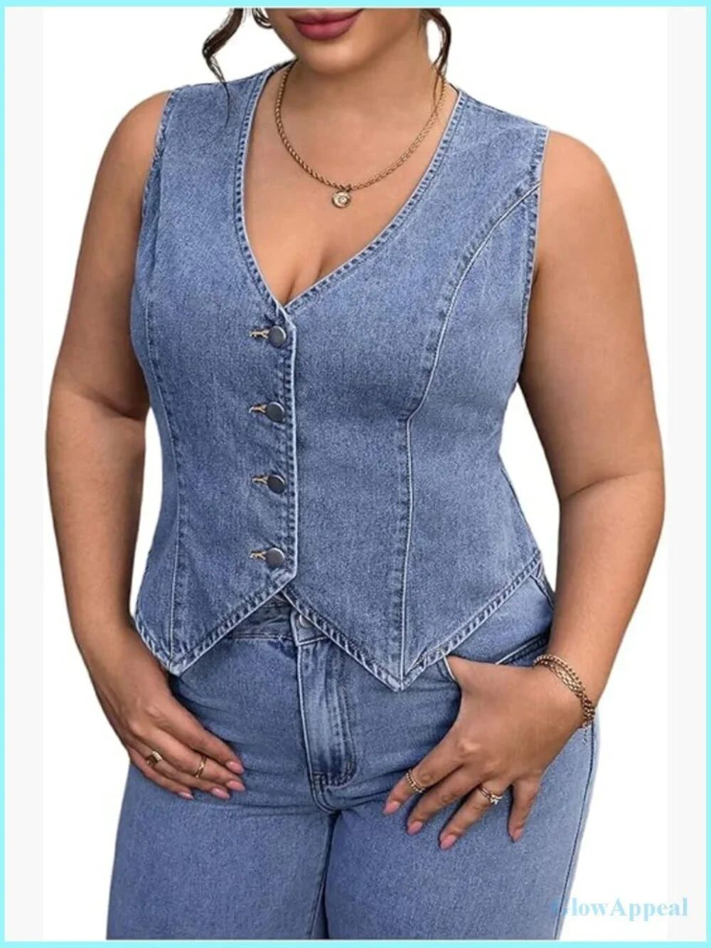 Plus Size Sleeveless Denim Vest Jacket Button Front V Neck Waistcoat